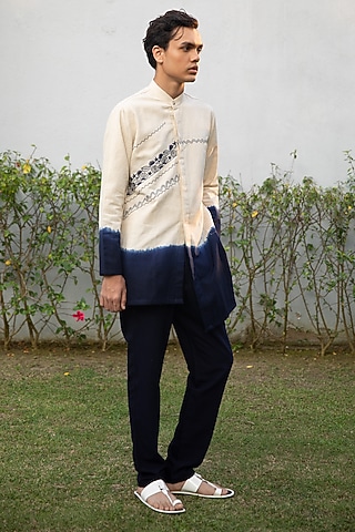 Ivory Handwoven Cotton Khadi Hand Embroidered Asymmetric Kurta by VAANI BESWAL MEN