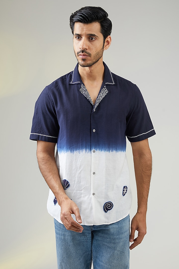 Ivory Handwoven Cotton Silk Hand Applique Party Wear Shirt by VAANI BESWAL MEN at Pernia's Pop Up Shop