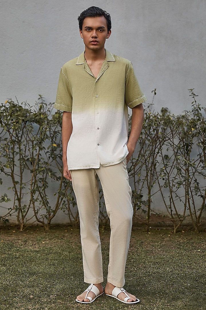 Ivory Handwoven Cotton Silk Hand Embroidered Shirt by VAANI BESWAL MEN