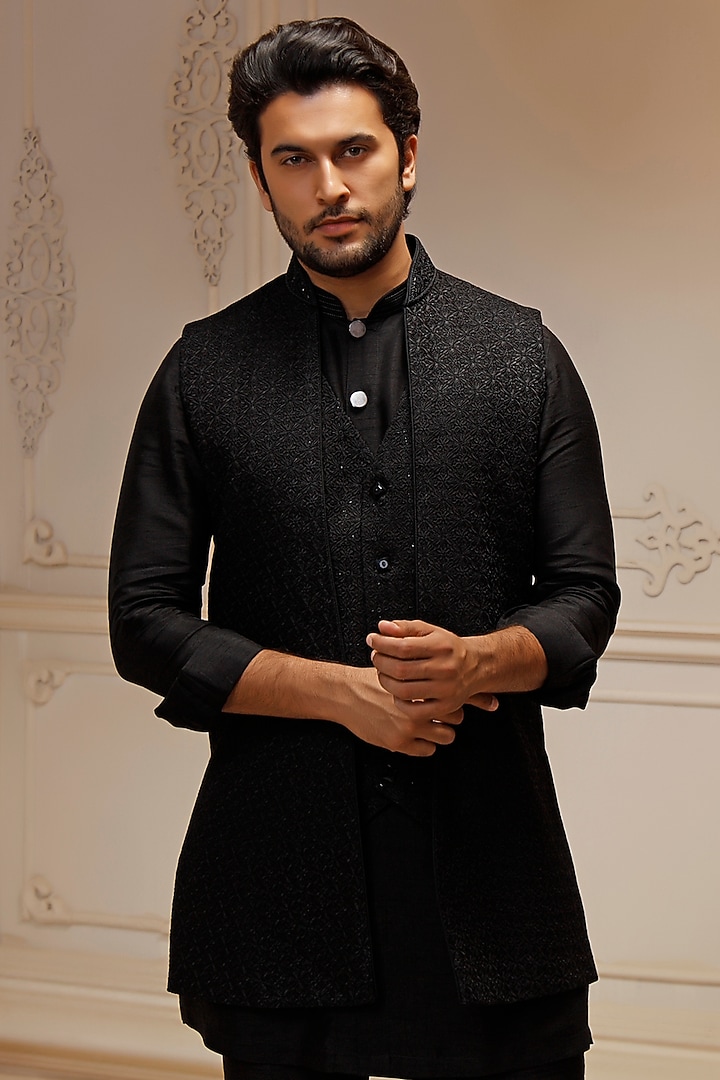 Black Dupion Silk Hand Embroidered Wedding Indowestern Set by Vanshik at Pernia's Pop Up Shop