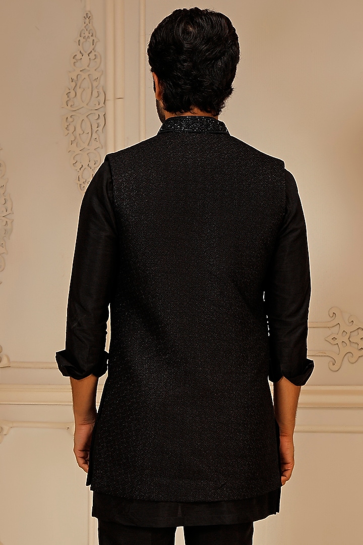 Black Dupion Silk Hand Embroidered Wedding Indowestern Set by Vanshik at Pernia's Pop Up Shop