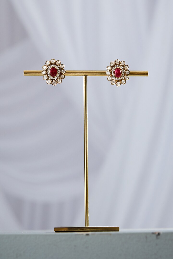Gold Plated Red Drop & Kundan Floral Stud Earrings In Sterling Silver by Varq Jewels at Pernia's Pop Up Shop