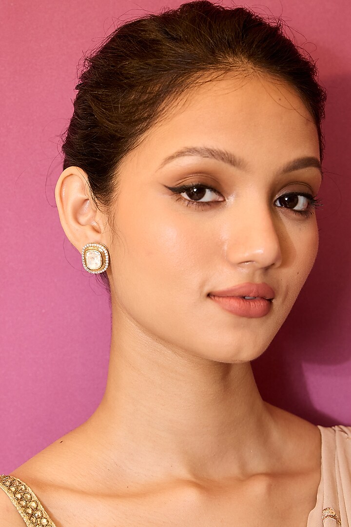 Gold Plated Kundan Stone Stud Earrings In Sterling Silver by Varq Jewels at Pernia's Pop Up Shop