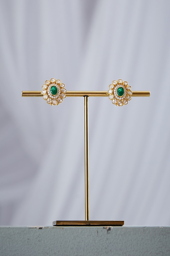 Gold Plated Emerald Stone & Kundan Floral Stud Earrings In Sterling Silver by Varq Jewels at Pernia's Pop Up Shop