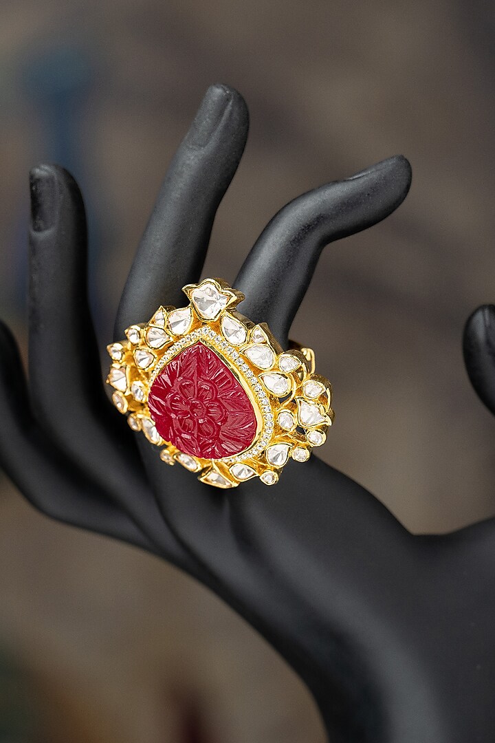 Gold Plated Moissanite Polki & Red Carved Stone Ring In Sterling Silver by Varq Jewels at Pernia's Pop Up Shop
