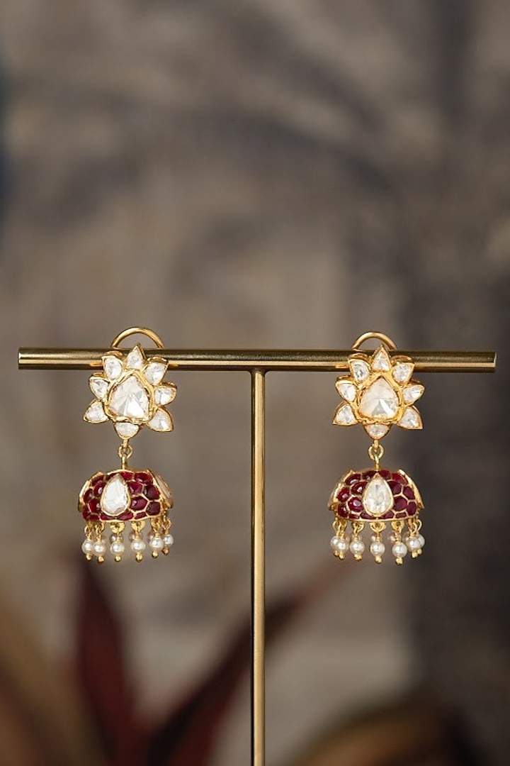 Gold Plated Red Kundan Polki Dangler Earrings In Sterling Silver by Varq Jewels at Pernia's Pop Up Shop