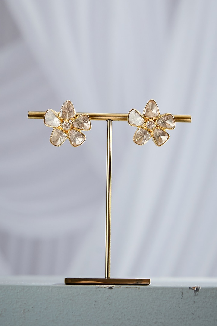Gold Plated Moissanite Stone Floral Stud Earrings In Sterling Silver by Varq Jewels at Pernia's Pop Up Shop