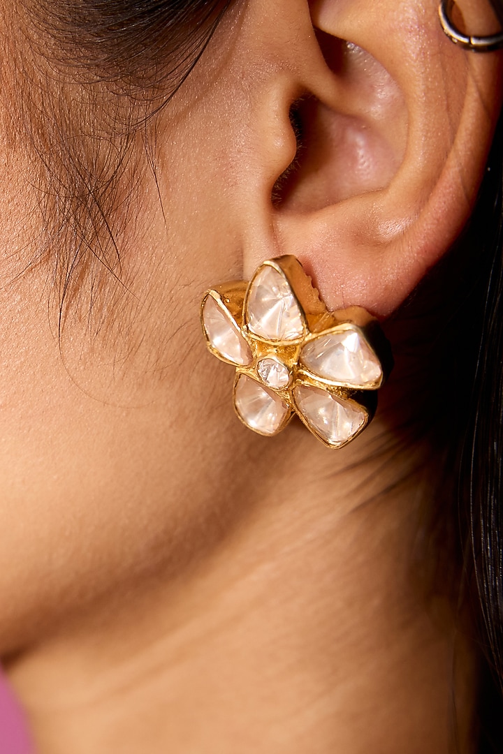 Gold Plated Moissanite Stone Floral Stud Earrings In Sterling Silver by Varq Jewels at Pernia's Pop Up Shop