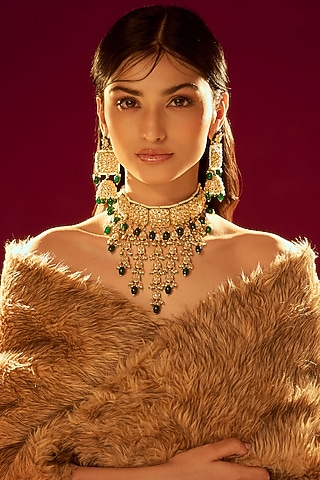 Gold Finish Kundan Polki & Emerald Synthetic Stone Necklace Set by VASTRAA Jewellery