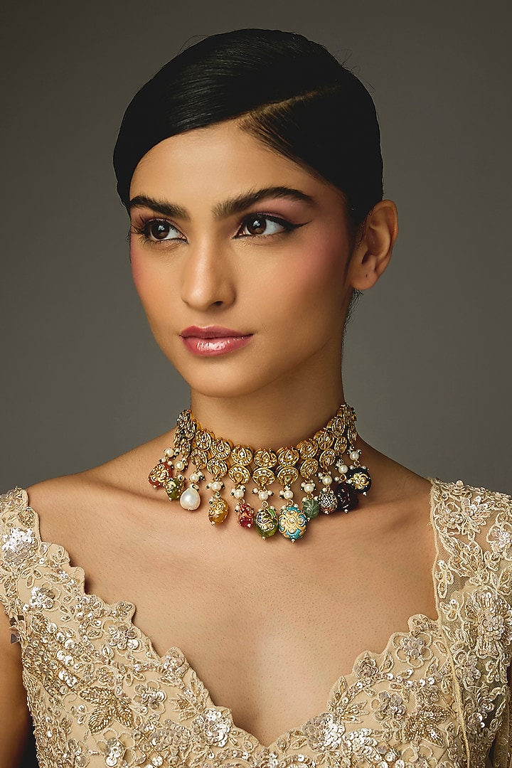 Gold Finish Multi-Colored Stone Choker Necklace by VASTRAA Jewellery at Pernia's Pop Up Shop