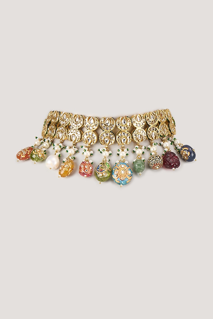 Gold Finish Multi-Colored Stone Choker Necklace by VASTRAA Jewellery at Pernia's Pop Up Shop
