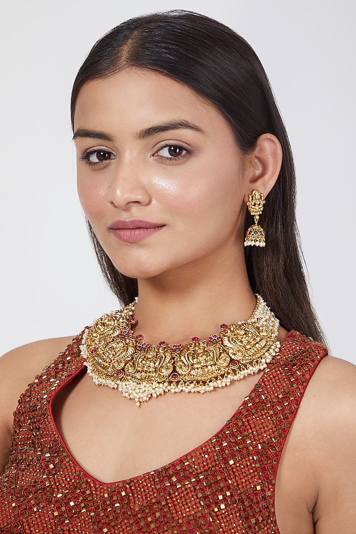 Gold Finish Pearl Temple Necklace Set by VASTRAA Jewellery at Pernia's Pop Up Shop