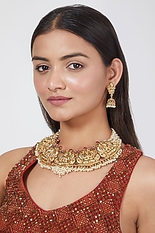 Gold Finish Pearl Temple Necklace Set by VASTRAA Jewellery-POPULAR PRODUCTS AT STORE