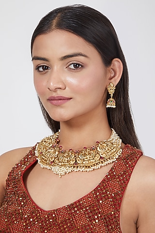 Gold Finish Pearl Temple Necklace Set by VASTRAA Jewellery
