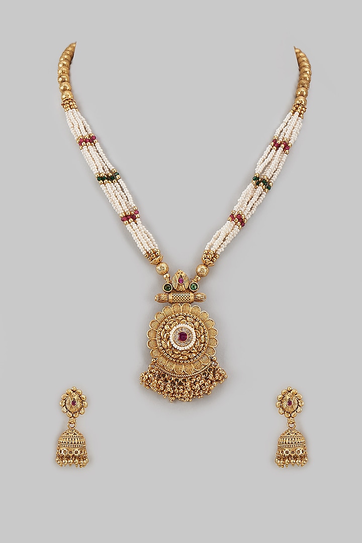 Kreart - Gold Finish Kundan Polki & Pearl String Long Designer Necklace Set for Women at Pernia's Pop-Up Shop