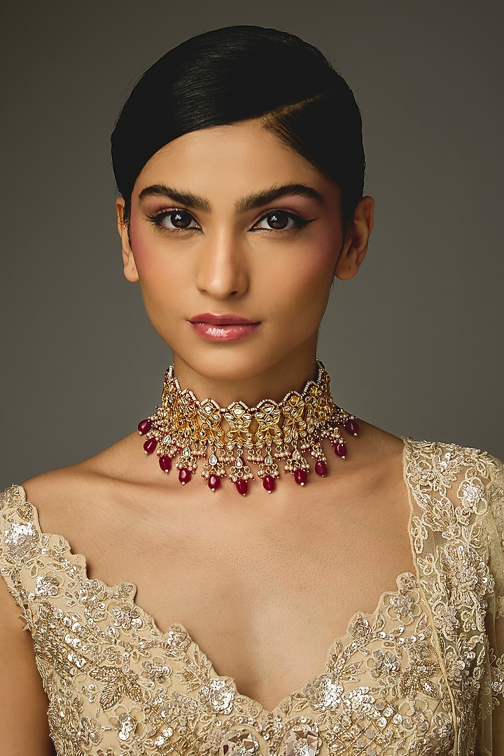 Gold Finish Red Stone & Kundan Polki Choker Necklace by VASTRAA Jewellery at Pernia's Pop Up Shop