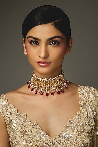 Gold Finish Red Stone & Kundan Polki Choker Necklace by VASTRAA Jewellery