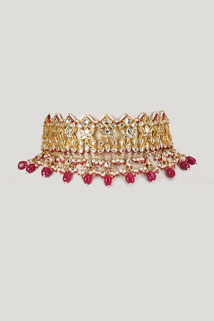 Gold Finish Red Stone & Kundan Polki Choker Necklace by VASTRAA Jewellery at Pernia's Pop Up Shop