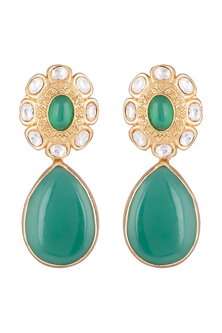 Gold Finish Faux Kundan & Green Stone Earrings