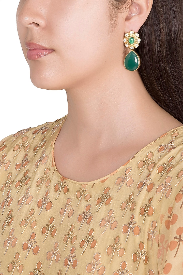 Gold Finish Faux Kundan & Green Stone Earrings