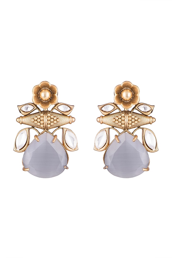 Gold Finish Faux Kundan & Grey Stone Earrings