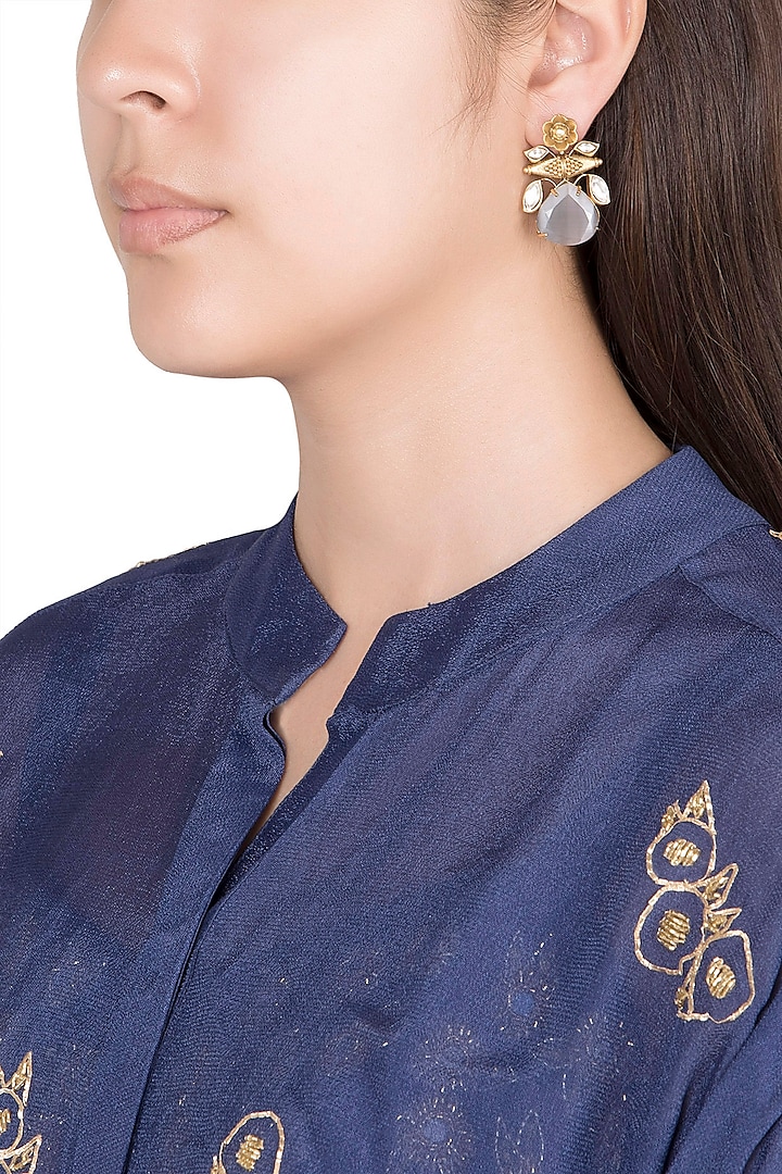 Gold Finish Kundan Polki & Grey Stone Earrings by VASTRAA Jewellery
