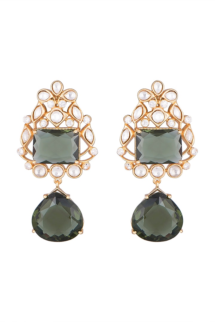 Gold Finish Green Stone & Faux Kundan Earrings