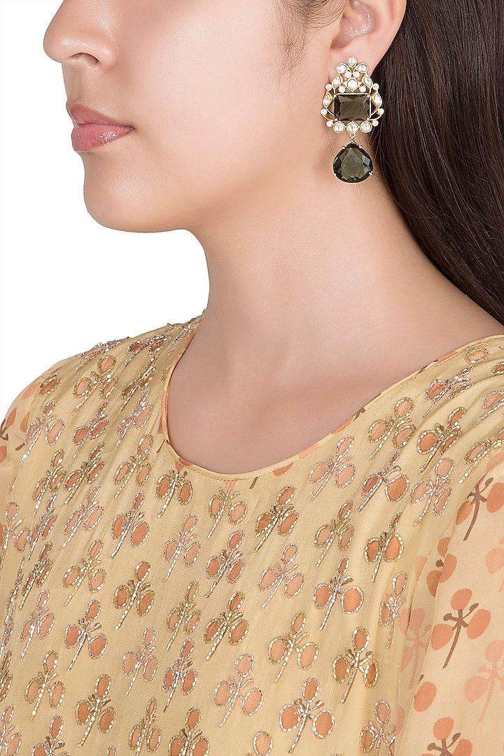 Gold Finish Green Stone & Kundan Polki Earrings by VASTRAA Jewellery