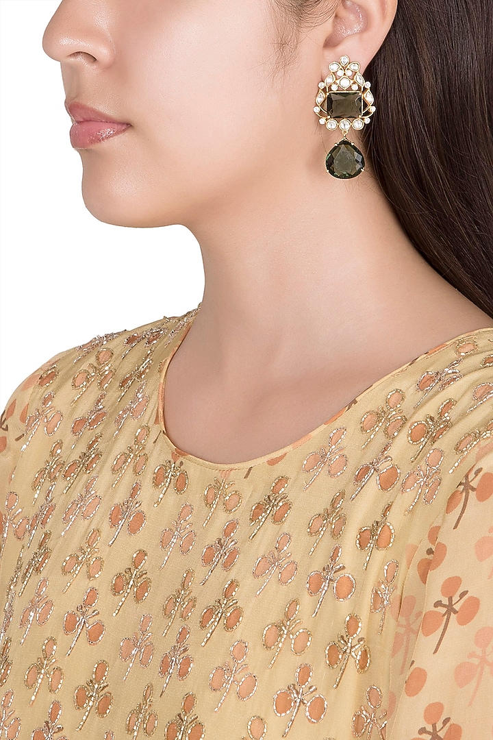 Gold Finish Green Stone & Faux Kundan Earrings