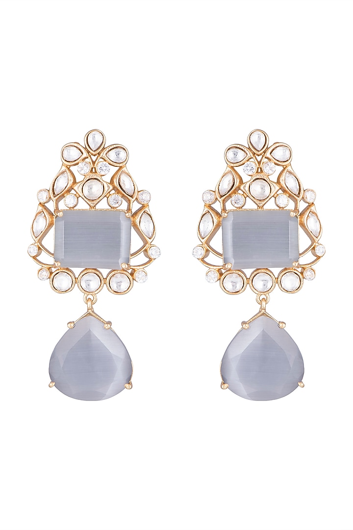 Gold Finish Grey Stone & Faux Kundan Earrings