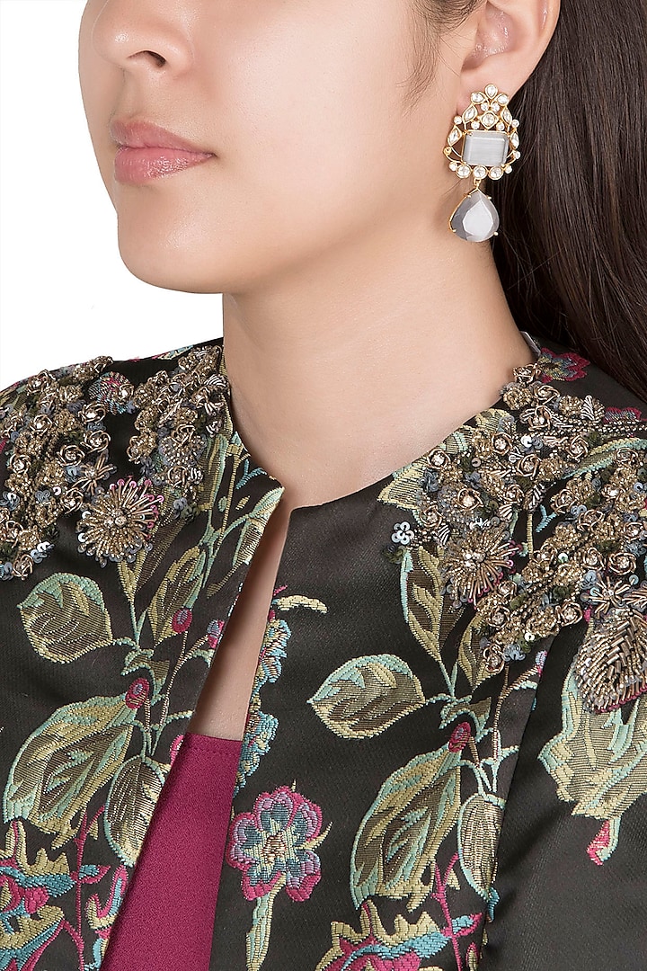Gold Finish Grey Stone & Kundan Polki Earrings by VASTRAA Jewellery