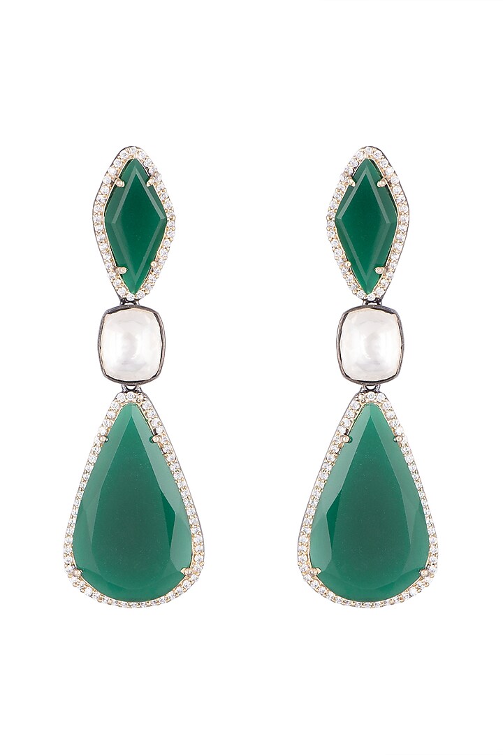 Black Finish Faux Diamond, Kundan & Green Stone Long Earrings
