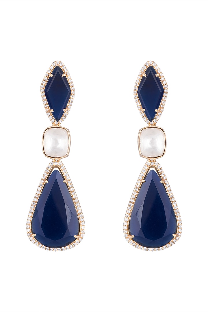Gold Finish Faux Diamonds, Kundan & Blue Stone Longs Earrings