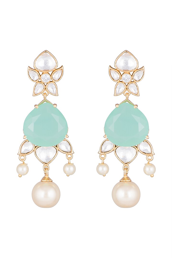 Gold Finish Faux Pearls, Kundan & Turquoise Stone Earrings