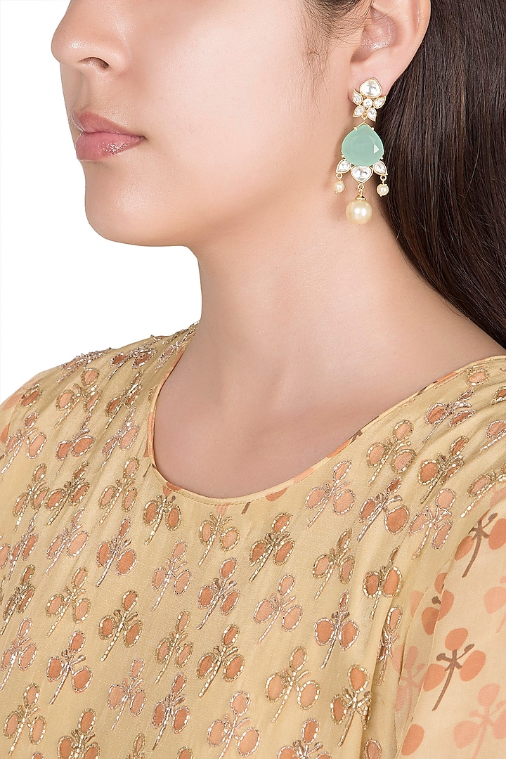 Gold Finish Kundan Polki & Pearl Earrings by VASTRAA Jewellery