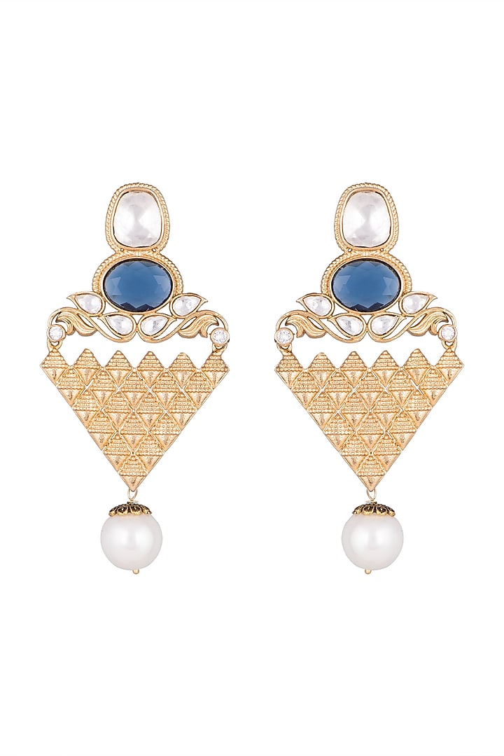 Gold Finish Faux Pearls, Kundan & Blue Stones Earrings