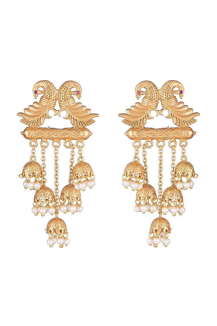 Gold Finish Faux Pearl Jhumka Earrings by VASTRAA Jewellery at Pernia's Pop Up Shop