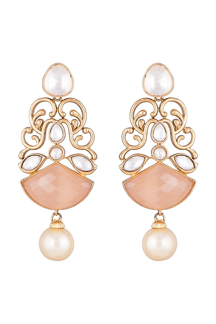 Gold Finish Faux Pearl & Kundan Polki Earrings by VASTRAA Jewellery at Pernia's Pop Up Shop