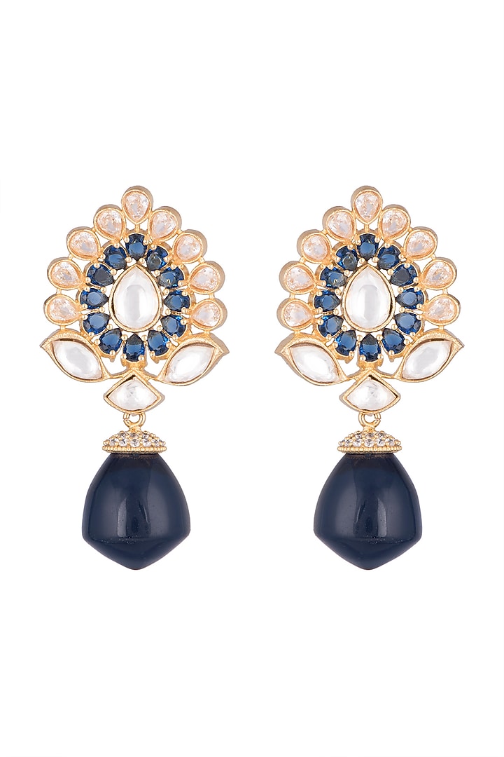 Gold Finish Faux Diamonds, Kundan & Dark Blue Stone Earrings Design by