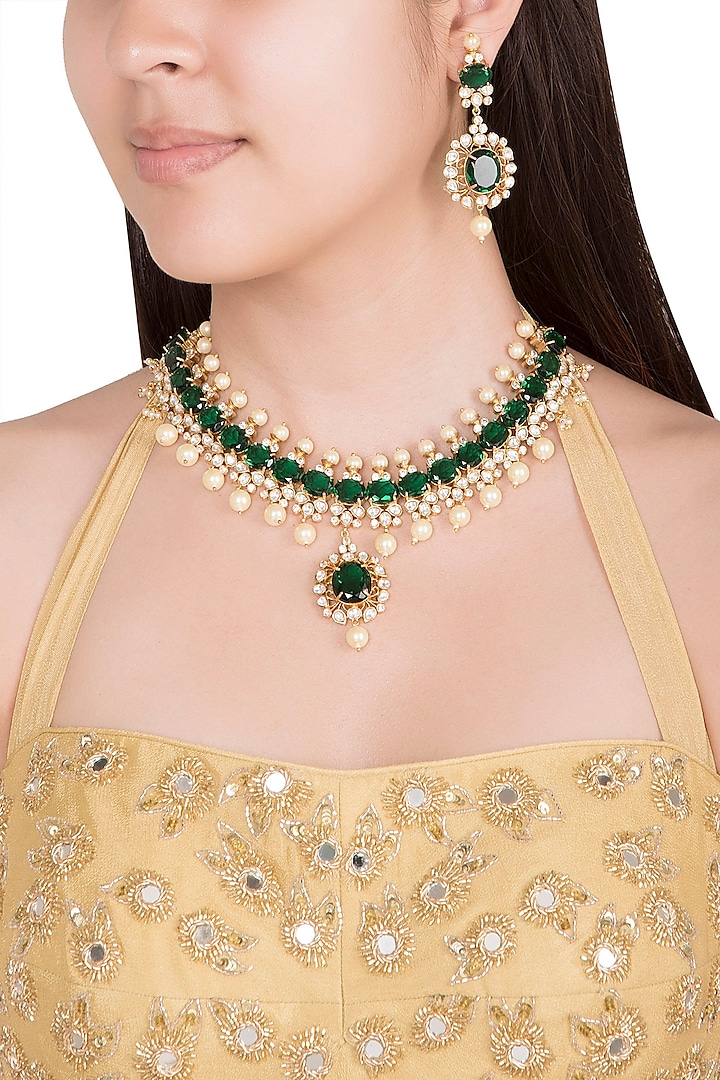 Gold Finish Faux Pearl & Kundan Polki Necklace Set by VASTRAA Jewellery