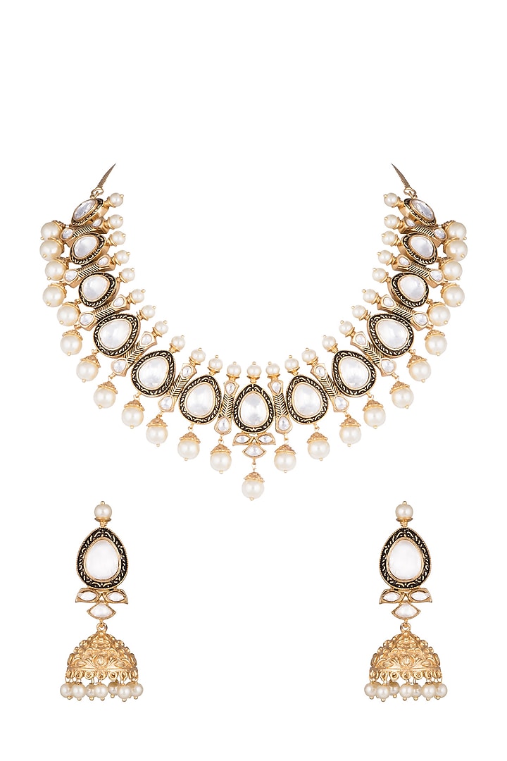 Gold Finish Faux Pearl & Hand Engraved Kundan Polki Necklace Set by VASTRAA Jewellery at Pernia's Pop Up Shop