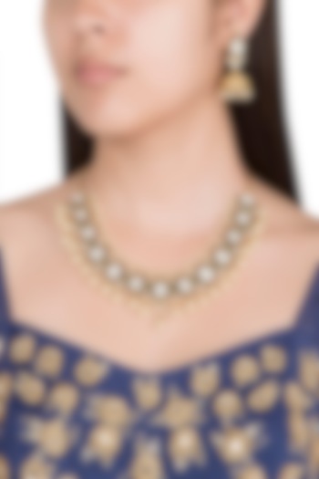 Gold Finish Faux Pearl & Hand Engraved Kundan Polki Necklace Set by VASTRAA Jewellery