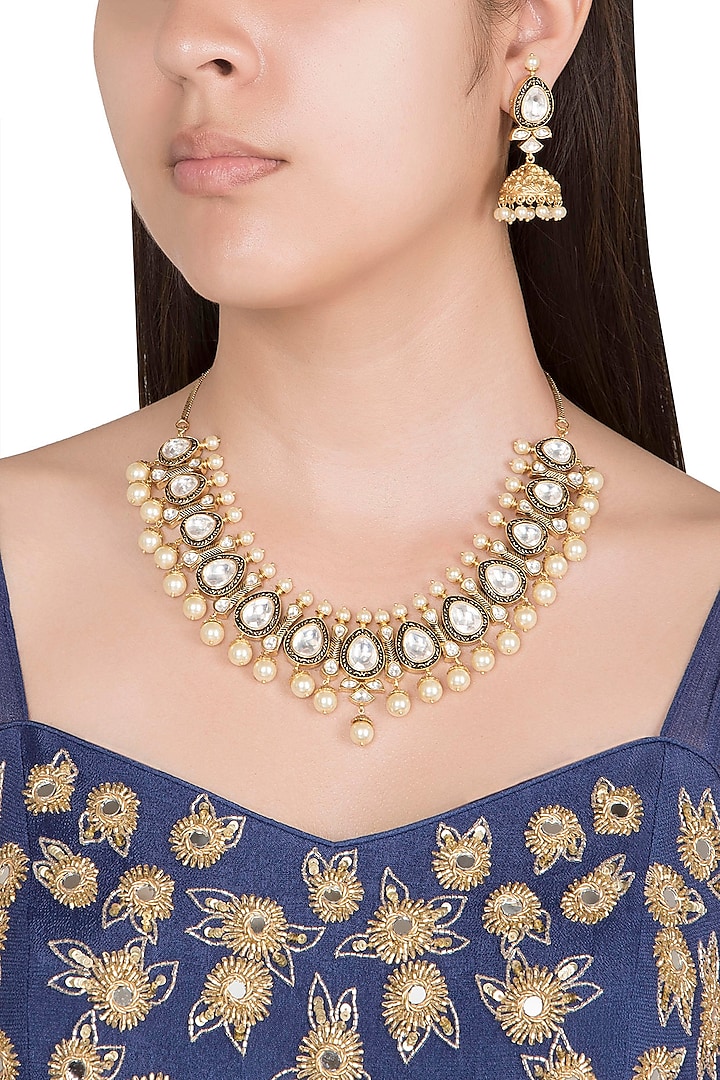 Gold Finish Faux Pearl & Hand Engraved Kundan Polki Necklace Set by VASTRAA Jewellery