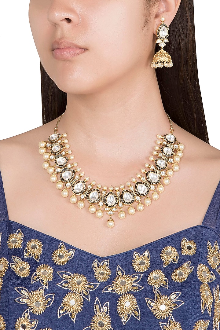 Gold Finish Faux Pearl & Hand Engraved Kundan Polki Necklace Set by VASTRAA Jewellery at Pernia's Pop Up Shop