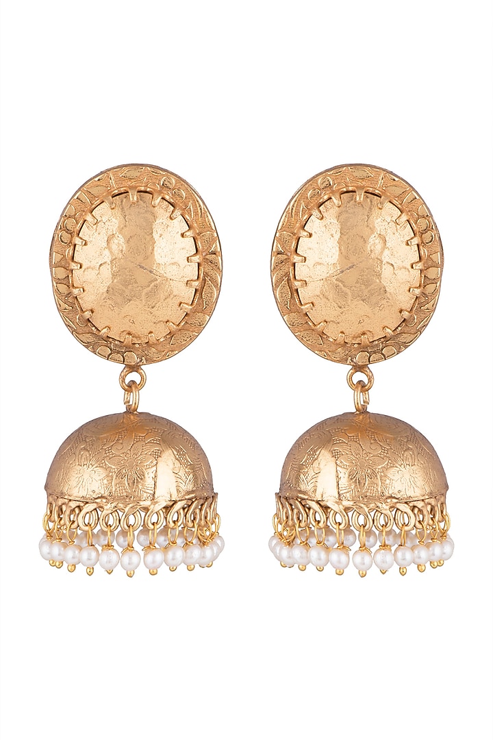 Gold Finish Faux Pearl Jhumka Earrings by VASTRAA Jewellery at Pernia's Pop Up Shop