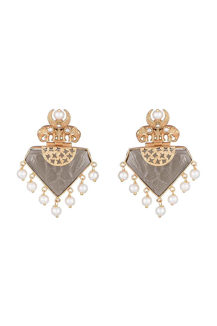 Gold Finish Faux Pearl & Grey Stone Earrings by VASTRAA Jewellery at Pernia's Pop Up Shop