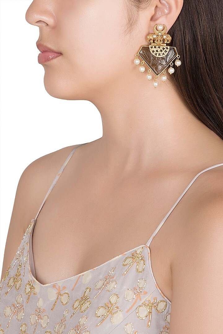 Gold Finish Faux Pearl & Grey Stone Earrings by VASTRAA Jewellery