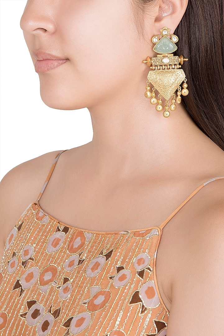 Gold Finish Faux Pearl & Turquoise Stone Earrings by VASTRAA Jewellery