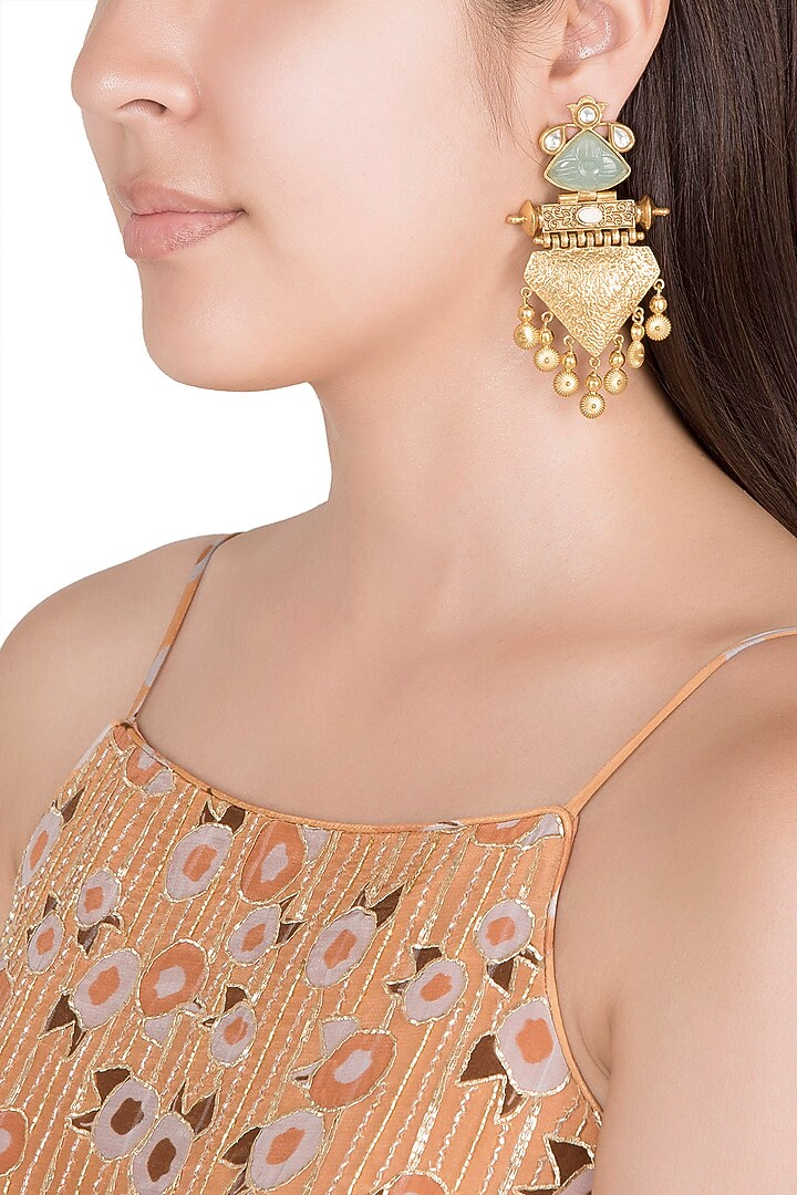 Gold Finish Faux Pearl & Turquoise Stone Earrings by VASTRAA Jewellery at Pernia's Pop Up Shop