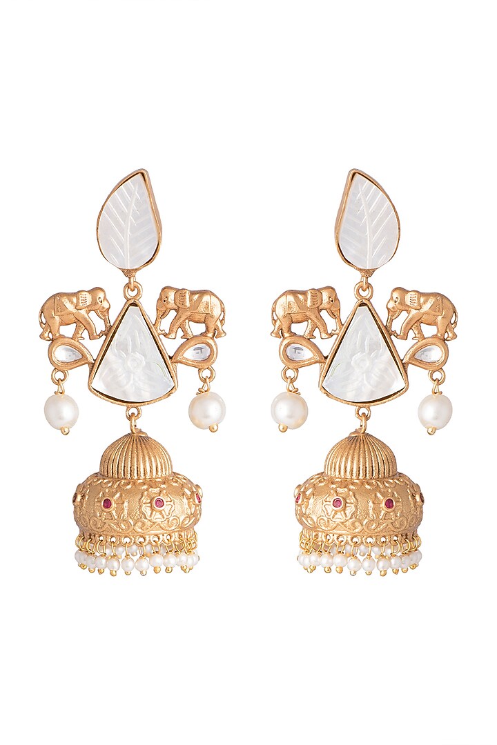 Gold Finish Faux Pearl & White Stone Earrings by VASTRAA Jewellery at Pernia's Pop Up Shop